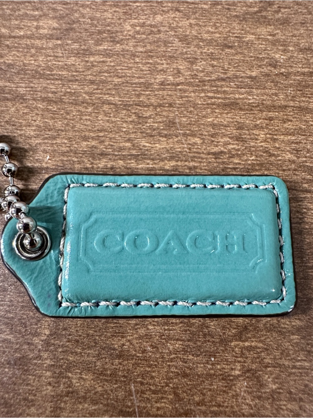 Coach Turquoise Leather Key/Card Holder Tag with Silver Chain - Picture 2 of 4